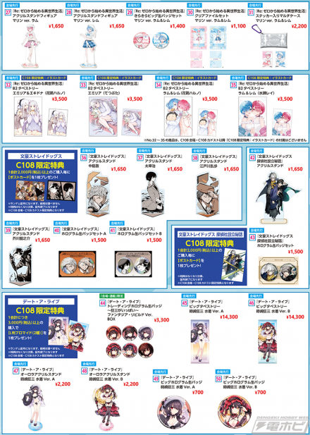 在C108角川展位，《Love Live!》、《Re：零》、《Bunst》、《Deara》、《Konosuba》等限定商品和预售商品现已发售！来看看精选阵容吧！
